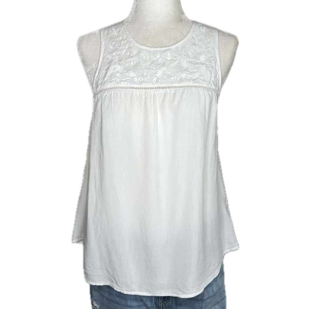 GAP Blouse Sleeveless Floral Embroidered Embellished Yoke Boho Off White Small S